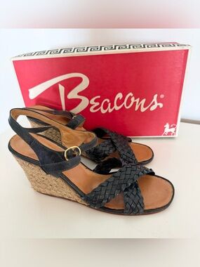 Beacon Black Braided Espadrille Wedge Sandals Jute Heel Vintage original box
